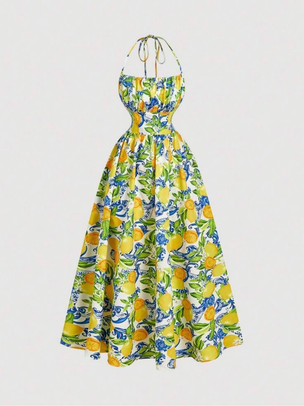 Bow-Tie Strap Lemon Print Floral Dress - Picture 2 of 6